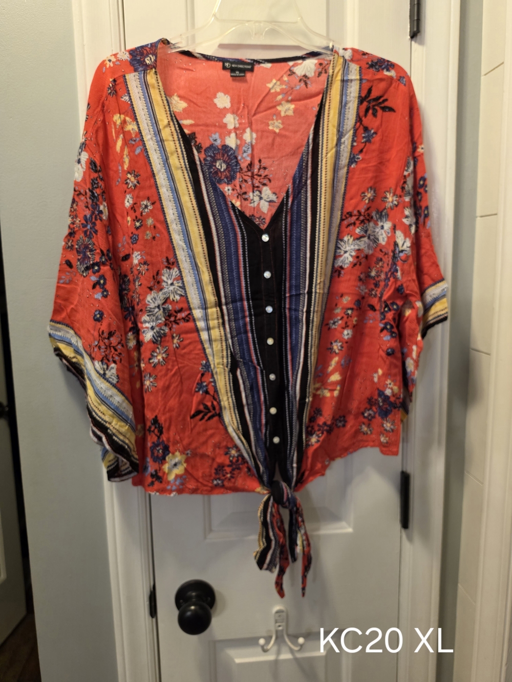 new directions Red Floral Tie-Front Button Blouse with Striped Placket